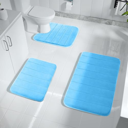 ARRITS Badezimmerteppich Set 3 Teilig, Memory Foam Badematte Set rutschfest Waschbar, Super Saugfähiger Weich Badvorleger Maschinenwaschbar und Toilettenmatte für Dusche, Badewanne und Wc (Hellblau)