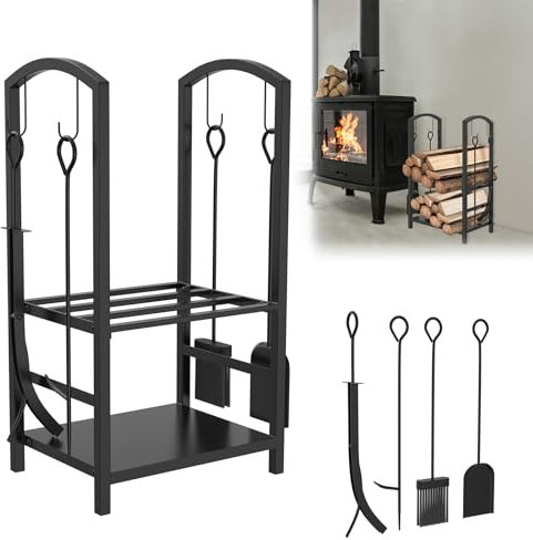 LZQ Lot de 5 étagères à bois de cheminée - 2 étagères - Pour intérieur et extérieur - En métal - Avec 4 outils de cheminée - 40 x 38 x 75 cm - Noir