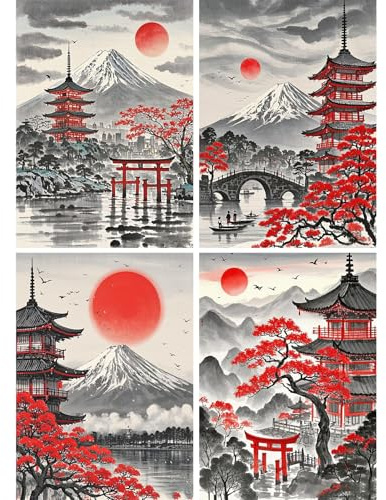 SHEGZHUC 4 Pack Diamond Painting Adult Mountains Landscape Mount Fuji 30 x 40 cm Diamond Painting Pictures Japan Landscape, Mosaic Embroidery Cross Stitch Art Gift, Wall Decoration for Bedroom
