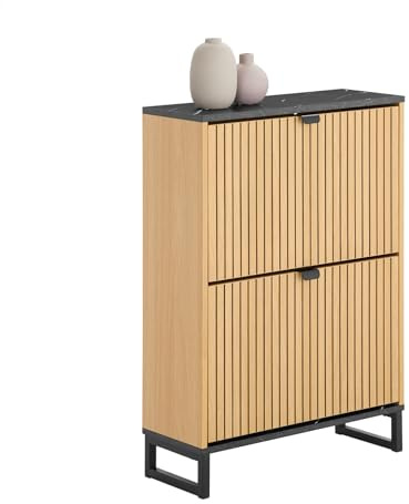 SoBuy Skoskåp smalt för 8–12 par 60 x 88 x 24 cm för hall | Skoförvaring med flikar, modern design svart/ljust trä upp till 30 kg för byrå FSR202-N