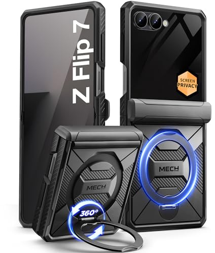 TONGATE 360° Spin Magnetic Stand for Z Flip 7 Case with Privacy Screen Protector, [Compatible with Magsafe] [Anti Spy] Full-Body Shockproof Samsung Galaxy Z Flip 7 Case with Hinge Protection, Black