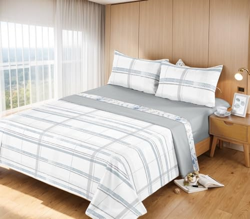 H HANSEL HOME Juego de Sábanas de Microfibra 4 Piezas para Cama 135cm Transpirable - Incluye 1 Encimera, 1 Bajera Ajustable y 2 Fundas de Almohada - Cuadros Grises