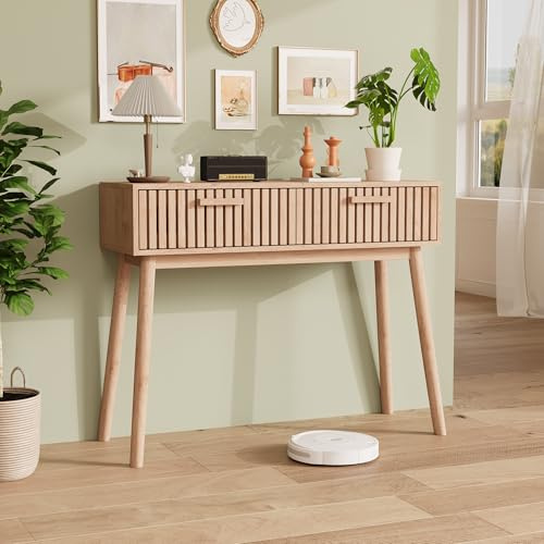 Mesa consola de madera, mesa de entrada con 2 cajones, mueble consola con patas de madera robustas, consola estrecha decorativa para pasillo, sofá, pasillo, chimenea, encimera de cocina (A, 100 x 35 x