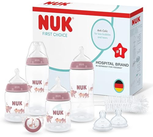 NUK First Choice Perfect Start Set de Biberones para Recién Nacidos | 0-6 Meses | 4 Biberones Anticólicos (150 ml, 300 ml), 2 Tetinas, 1 Chupete, 1 Cepillo | Koala | 8 Piezas
