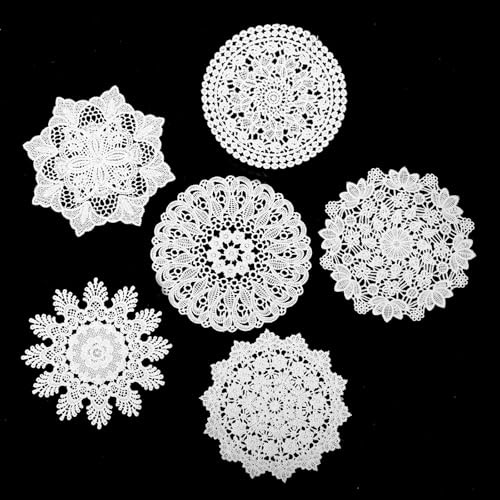 Grevosea 6 tapetes de encaje para mesas, manteles individuales redondos de encaje de 6 pulgadas, tapetes blancos de ganchillo, hechos a mano, posavasos de ganchillo para cocina, comedor, Navidad