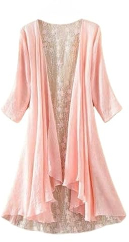 WLLDDDIU Cárdigan Tipo Kimono de Encaje para Mujer, Manga 3/4, Frente Abierto, Gasa Transparente, Elegante Bolero Largo para Bodas, Noche, Verano, Ropa Informal