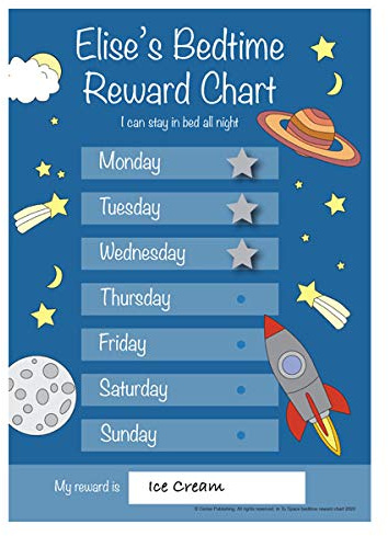 Customisable Boys or Girls In To Space Bedtime Reward Chart A4 durable re-usable reward chart with hook and loop fastening stars, for kids & toddlers at home or away.