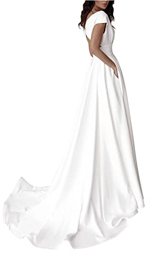 Vestido de ceremonia civil, vestido de novia para mujer largo, moda nupcial sencilla, de tul, escote en V, vestidos de novia para mujer línea A largos, vestidos de boda de encaje con mangas, princesa