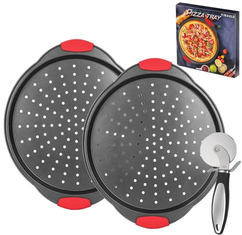 YIDAZLE Pizza Pan for Oven (2 PACK), Pizza Baking Trays with Pizza Cutter, Non-Stick Pizza Baking Pan with Perforated Holes and Silicone Handle, Oven & Dishwasher Safe Carbon Steel