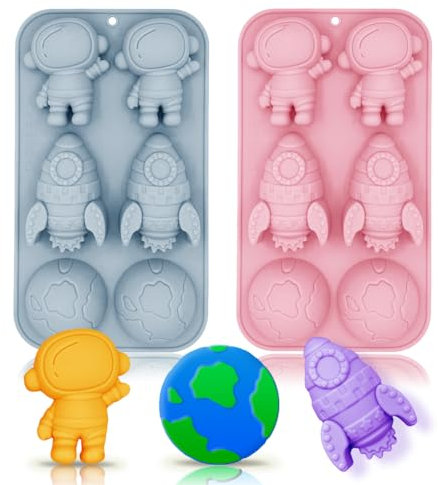 2 Pack Astronaut Silicone Molds 6 Cavity 3D Space Themed Rocket Plaster Molds for Kids, Earth Baking Mould Tray DIY Tool for Chocolate Cupcake Topper Mousse Pastry Soap Crayons Plaster Casting
