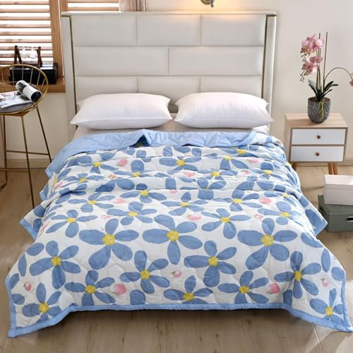 DOTBUY-SHOP Colcha Bouti Cubrecama Colcha de Ligero, Verano Edredón Manta de Dormitorio Verano Cuatro Estaciones Colchas para Cama Individual Matrimonio (Azul Flor,150x200cm)
