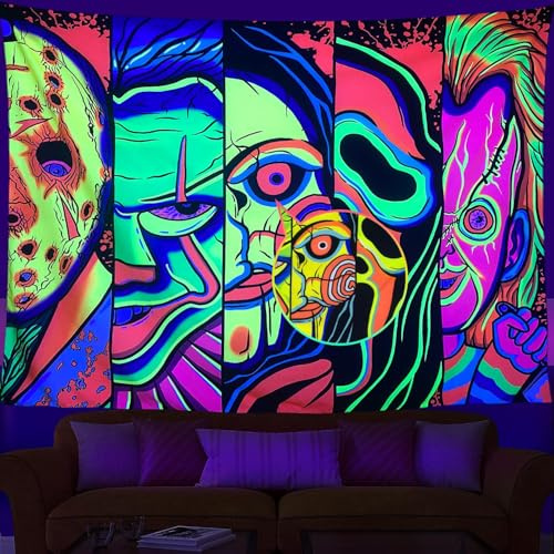 ARTCREATOR Black Light Art Halloween Wall Decor Trippy Blacklight Horror Face Tapestry, UV Reactive Tapestries Glow in The Dark Party Tapestry for Bedroom, Living Room (29 x 37)