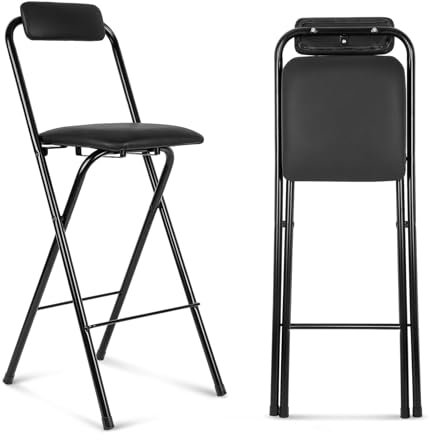 Sgabello da bar pieghevole imbottito con schienale e poggiapiedi, sedia alta pieghevole da 66 cm, per bar e bistrot, struttura in metallo nero (dimensioni: 70 cm/75 cm)