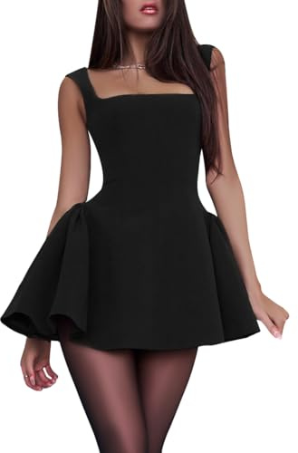 AOWVUTS Women's Sexy Mini Dress Elegant Square Neck High Waist Backless Bodycon Black Dress L