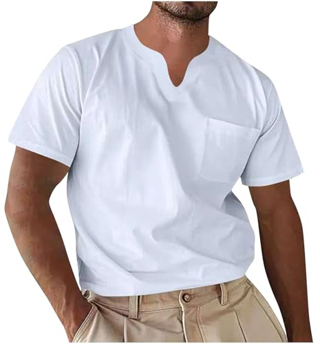 Générique Tshirt Homme Tee Shirt Décontracté Été Teeshirt Col V avec Poche Poitrine T-Shirts Mode Manches Courtes Extensible Tee-Shirt Quotidien Doux Léger Soldes Blanc M