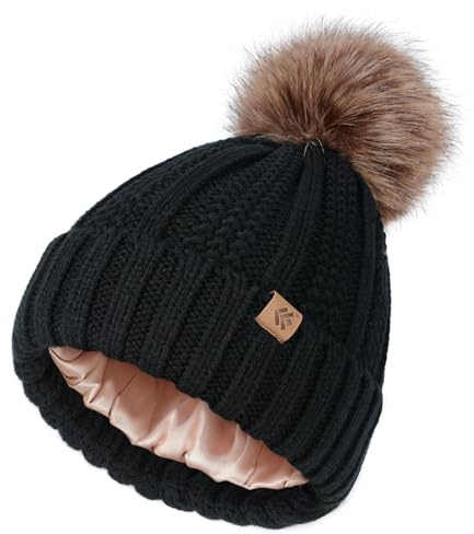 Creekstone Bommel Beanie-mütze Damen, Satin gefütterte Wintermütze, Warme Strickmütze Mit Kunstpelz Bommel Pom Pom Beanie (DE/NL/SE/PL, Alphanumerisch, Einheitsgröße, Schwarz)