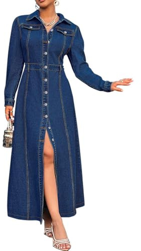 ORANDESIGNE Vestido Vaquero Largo Mujer Vestidos Jeans Otoño Maxi Vestido Mezclilla Manga Larga Vestidos Camisas Denim Botones B Azul Oscuro XL