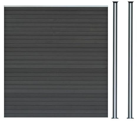 Pannelli Recinzione x2 + 3 Pali LED in Alluminio Grigio Doppia Finitura Effetto Legno PVC 185x180cm Recinto da Giardino Patio Privacy Esterno Solare