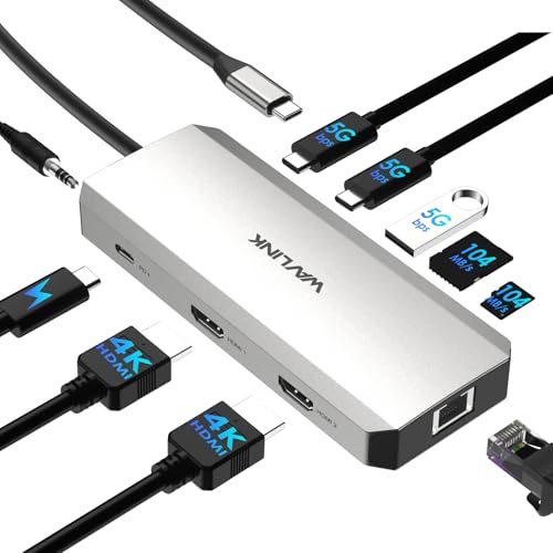 Docking station USB C WAVLINK 10 in 1 per laptop, doppio HDMI 4K@60Hz, USB A/C 3.0, lettore SD/TF, ingresso PD da 100W, Ethernet Gigabit, porta audio, compatibile con Dell, HP e Lenovo