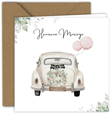 Edition Colibri Carte de mariage - Voiture avec fleurs roses | Carte pliée (15x15 cm) – avec enveloppe kraft – Intérieur vierge
