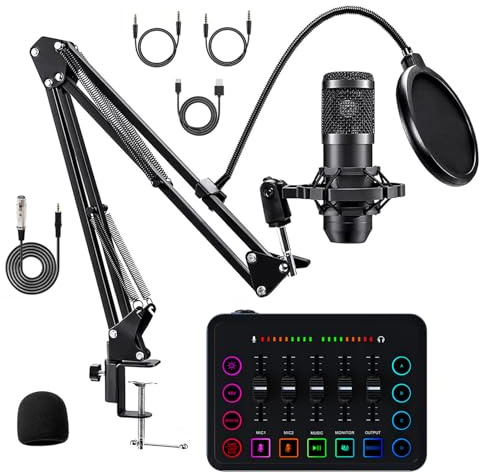 Kit de equipo de podcast, kit de interfaz de audio para streaming con micrófono de condensador, reducción de ruido, tarjeta de sonido en vivo, mezclador de audio para transmisión en vivo, canto