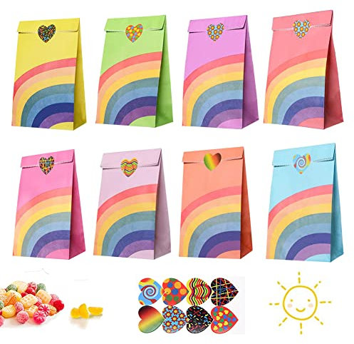 Gintan Regenbogen Geschenktüten,40 Stück Partytüten Papiertüten Geschenktüten mit 40 Herzförmigen Aufkleber Candy Tüten Süssigkeiten Beutel für Hochzeit Kindergeburtstag kekstüten weihnachten
