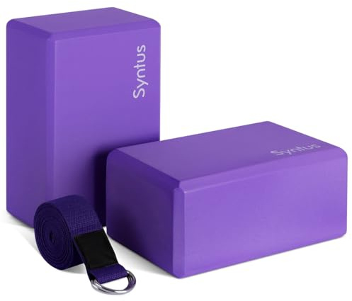 Syntus Yoga Block and Strap Set, 2 EVA Foam Soft Non-Slip Blocks 9×6×4 inches, 8FT Metal D-Ring Strap for Yoga, General Fitness, Pilates, Stretching and Toning