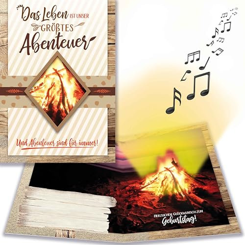bentino Geburtstagskarte mit MUSIK und LICHTEFFEKT, spielt Take me home (Coverversion), DIN A5 Set mit Umschlag, romantische Geburtstagskarte mit leuchtendem Lagerfeuer