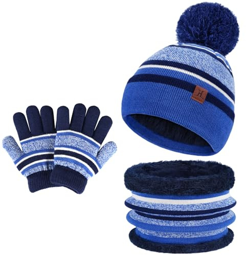 Bequemer Laden Niños Invierno Gorro Termicos Bufanda Guantes Conjunto con Gorra Pompón Forro Polar Regalo Niños Niñas 2-7