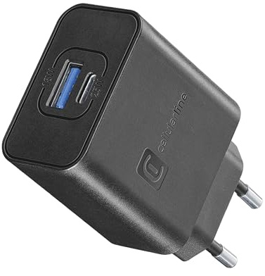 Cellularline - Caricabatterie da Rete 2 porte USB e USB-C con tecnologia Super Fast Charging 25W