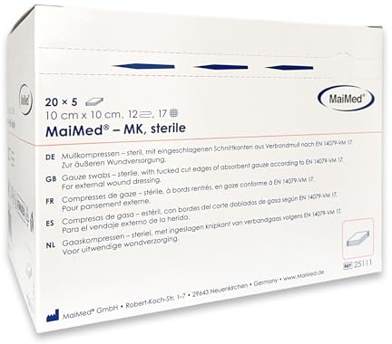 Compresse sterili 10x10 cm – 100 pezzi Compresse di garza a 12 strati, prive di pelucchi – Tamponi di garza sterili e medicazioni non adesive per bendaggi e cure