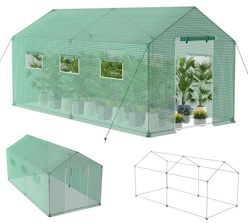 XMTECH Invernadero para tomates de 450 x 200 x 200 cm, para verduras, plantas, frutas, jardín, con lámina de rejilla resistente a los rayos UV y tejado puntiagudo, color verde