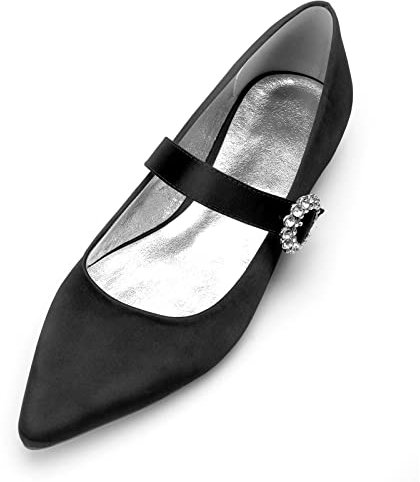 Women's Mary Jane Flats Shoes Pointed Toe Pumps Sandals Satin Closed Toe Ballet Flat Rhinestones Buckle Bridal Shoes,Black,6 UK