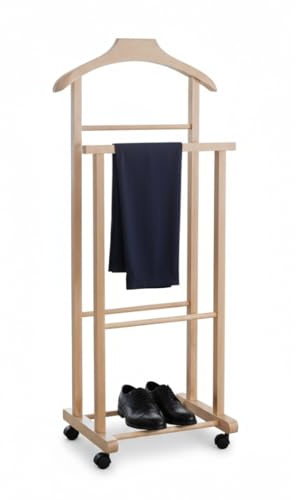 Mottiwood Indossatore Appendiabiti Da Camera, L'originale, Appendiabiti da Camera in Legno Faggio Naturale, Servo Muto Doppio con 4 Ruote, Made in Italy