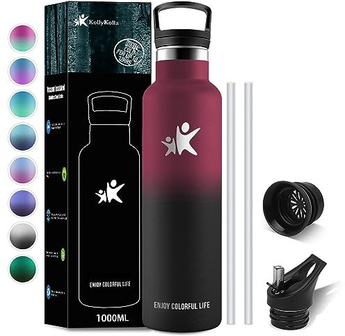 KollyKolla Bottiglia Termica 1 litro, Borraccia con Cannuccia, Bottiglia Termica Senza BPA & Perdite, Borraccia Acciaio Inox, Riutilizzabile, per Adulto, 1000 ml Rosa Scuro + Nero