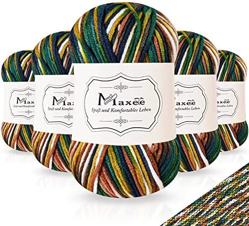 Maxee Handstickgarn, 5 x 50 g virkgarn, färgglatt färggradient akrylgarn för stickning, mjuk ull för virkning, färgat garn för stickning virkning och pyssel