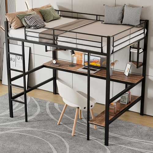 Moimhear Cama alta con escritorio y estantería – Cama de metal 90 x 200 cm con espacio de trabajo y espacio de almacenamiento, color negro | Cama infantil y juvenil que ahorra espacio con zona de