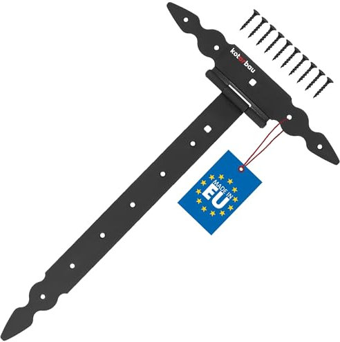 KOTARBAU® Bisagras en T negras L: 400 mm, colgador en cruz, acero pulverizado, bisagra para puerta de jardín, bisagra de puerta de madera, bisagra de puerta de carga pesada, herrajes, puerta de jardín