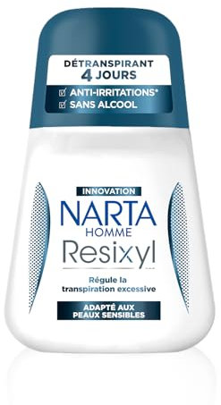 NARTA - Resixyl - Déodorant Bille Homme - Détranspirant 4 Jours - Régule La Transpiration Excessive - Anti-Irritations* - Complexe Minéral [Resyx]TM - 0% Alcool** - Adapté Aux Peaux Sensibles - 50 ml