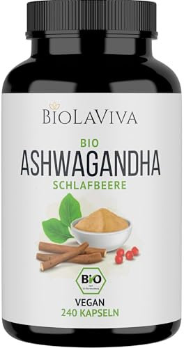 BIO Ashwagandha - 240 vegane Kapseln - Hochdosiert mit 1950mg je Tagesdosis - Wurzelpulver der indischen Schlafbeere - Laborgeprüft aus Deutschland