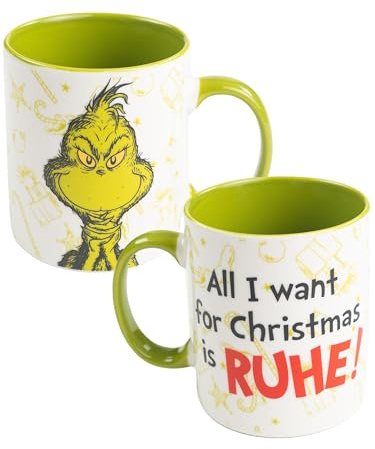 United Labels Grinch-kopp, 320 ml, grön vit, kaffemugg 'All I want for Christmas is lugn', kaffekopp av keramik, julmugg