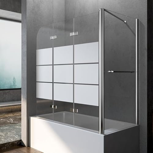Badewannenfaltwand 3-teilig Duschwand für Badewanne mit seitenwand 70 cm x 120 cm x 140 cm mit Gestreifte Faltbar Badewannenabtrennung 6 mm Sicherheitsglas, mit Handtuchhalter
