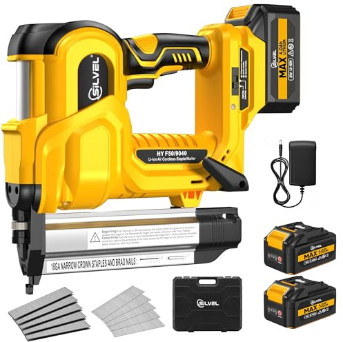 SILVEL 18 Gauge Cordless Brad Nailer, 2 in 1 Cordless Nail Gun/Electric Stapler, 2 * 4.0Ah Battery Powered Nail Gun, Fast Charging for Woodworking,Home Improvement, YELLOW