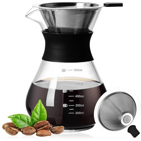 BORDEAG Pour Over Kaffeebereiter, 600ml Pour Over Kaffeemaschine, Kaffeebrüher Für Filterkaffee, Handgebrühte Kaffeekanne Mit Edelstahlfilter Für Zuhause Camping