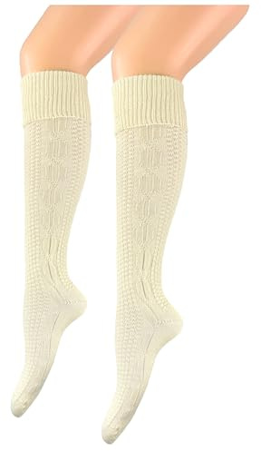 Calze alla moda da donna e da uomo, calze da trekking, calze al ginocchio, con elegante motivo a treccia, colore beige, per Oktoberfest, matrimoni, escursioni, Dirndl, in pelle, Beige chiaro, 43-46