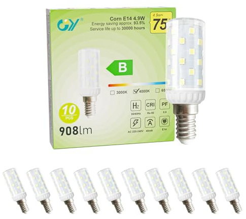 GY Kühlschranklampe E14 LED Neutralweiss Birne, 4000K LED Lampe, 4,9W Glühbirne E14 ersetzt 75W Halogenlampen, 908LM, Kein Flackern Maiskolben Lampen Nicht Dimmbar, 10 stück