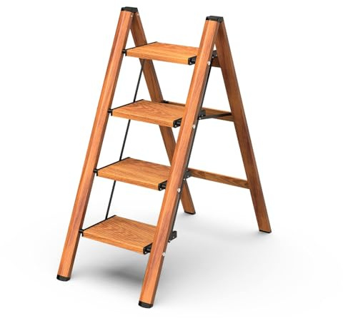 GameGem Escabeau pliable à 4 marches avec large pédale antidérapante, matériau en aluminium léger mais robuste, charge de 150 kg, aspect moderne mignon pour les espaces domestiques intérieurs, grain