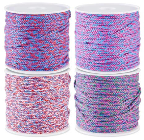 Sparkeads 4 rollos de cordón de algodón trenzado de color morado, hilo fino de macramé de 1,2 mm, cuerda trenzada para collar, cordón de nudos chinos, borlas, campanillas de viento, pulseras