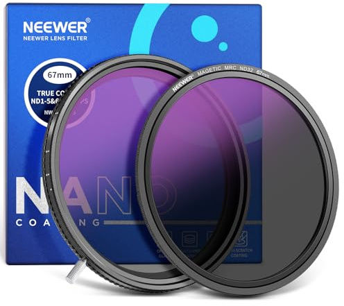 NEEWER HD True Colors 67mm ND Variable Filtro ND2-512 (1-9 Paradas), Filtro VND de Lente Magnético ND32, Densidad Neutra Multicapa, sin Cambio de Color/sin Cruz X/sin Viñeteado