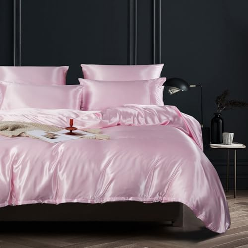 YASMENG Copripiumino in Satin 240x260 Rosa Opaco Deluxe Set Biancheria da Letto in Satin Morbido Liscio Seta Lino da Letto 2 Persone Adulto con Chiusura Lampo e Federe 65x65 cm